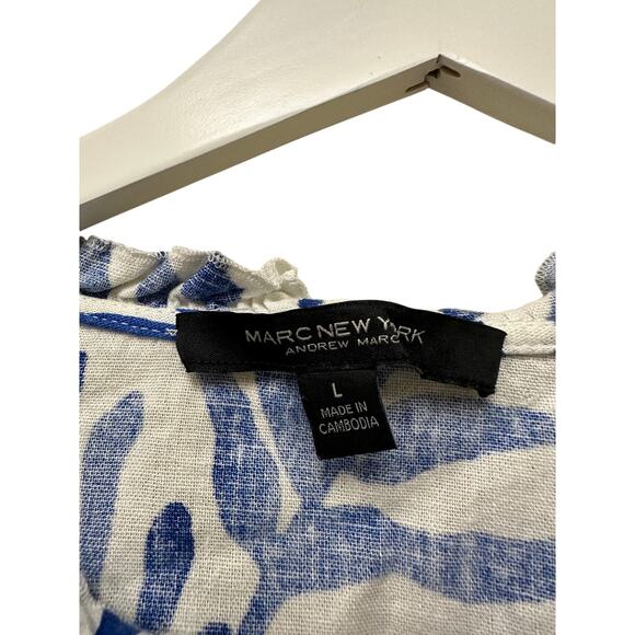 Size Large Linen Blend Resort Blue Boho Tropical Pool Vacation Ruffle Blouse Top - Picture 8 of 11